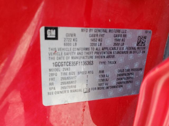 1GCGTCE35F1136363 - 2015 CHEVROLET COLORADO Z71 RED photo 12