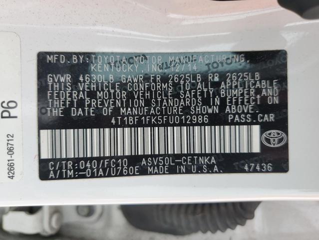 4T1BF1FK5FU012986 - 2015 TOYOTA CAMRY LE 白色 照片 12