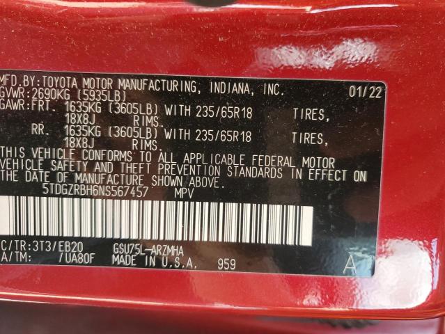 5TDGZRBH6NS567457 - 2022 TOYOTA HIGHLANDER XLE Rouge photo 14