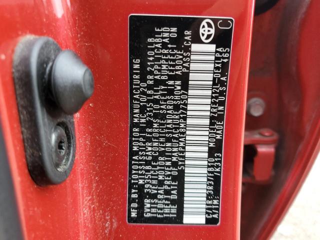 5YFEPMAE8MP177507 - 2021 TOYOTA COROLLA LE RED photo 12