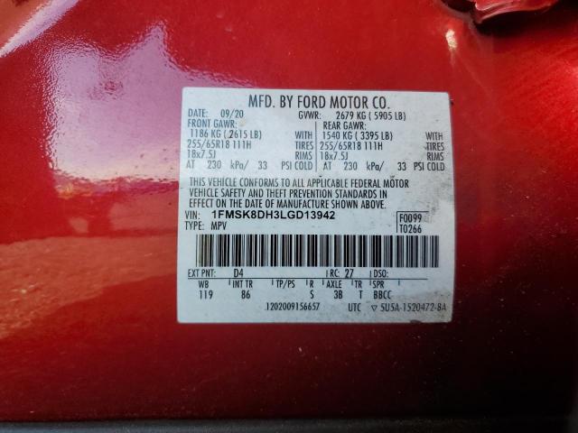 1FMSK8DH3LGD13942 - 2020 FORD EXPLORER XLT RED photo 13