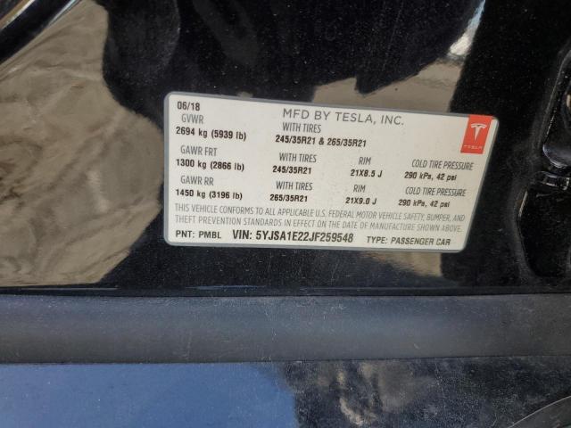 5YJSA1E22JF259548 - 2018 TESLA MODEL S Սև լուսանկար 12