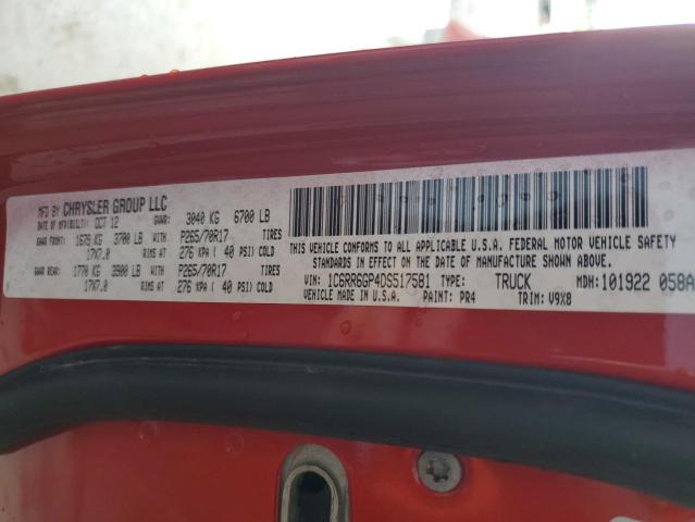 1C6RR6GP4DS517581 - 2013 RAM 1500 SLT RED photo 12