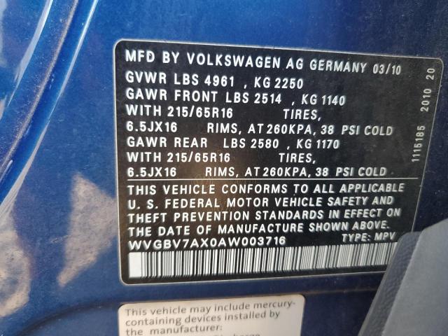 WVGBV7AX0AW003716 - 2010 VOLKSWAGEN TIGUAN SE BLUE photo 13