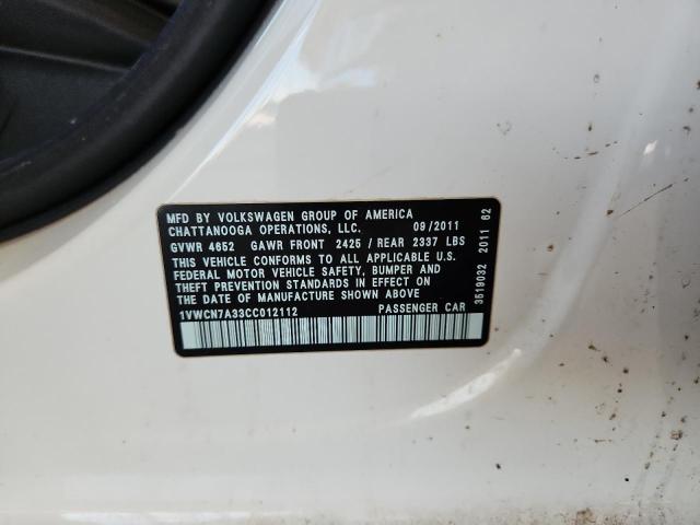 1VWCN7A33CC012112 - 2012 VOLKSWAGEN PASSAT SEL WHITE photo 12