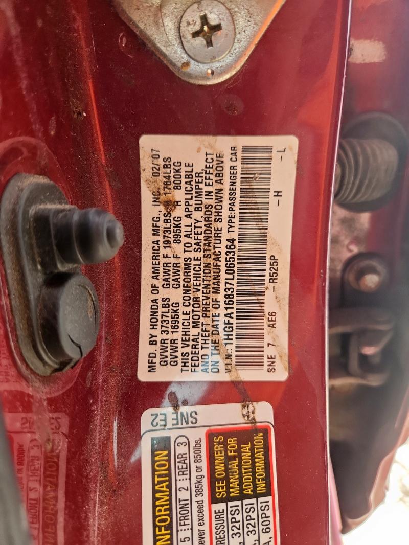1HGFA16837L065364 - 2007 HONDA CIVIC EX RED photo 12