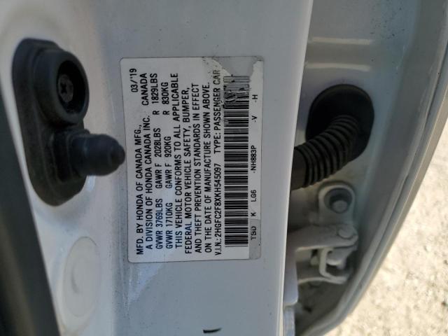 2HGFC2F8XKH545097 - 2019 HONDA CIVIC SPORT WHITE photo 12