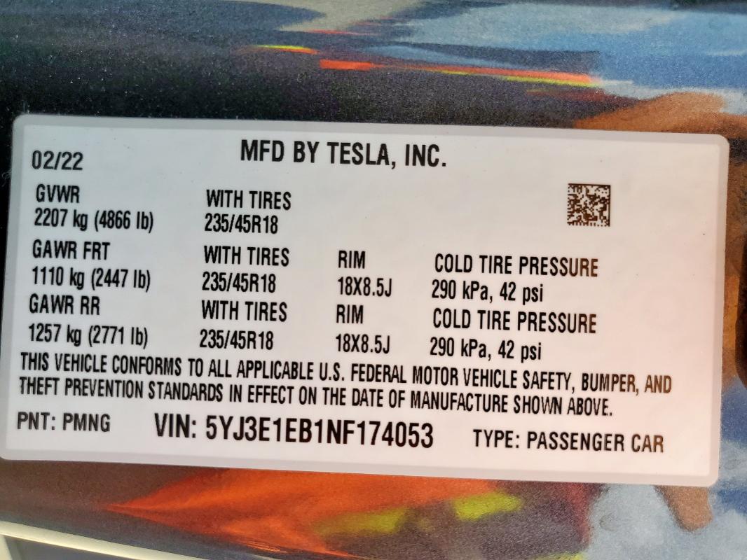 5YJ3E1EB1NF174053 - 2022 TESLA MODEL 3 GRAY photo 12