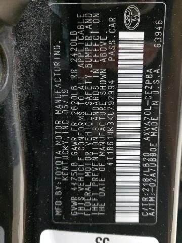 4T1B61HK3KU792994 - 2019 TOYOTA CAMRY XSE 黑色 照片 12