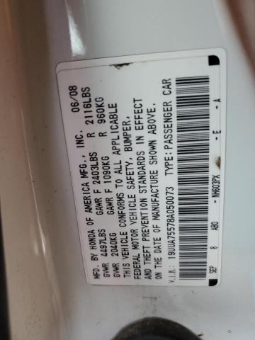 19UUA75578A050073 - 2008 ACURA TL TYPE S WHITE photo 12