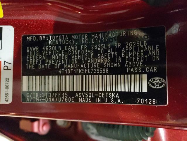 4T1BF1FKSHU729598 - 2017 TOYOTA CAMRY SE LE Bordo foto 12