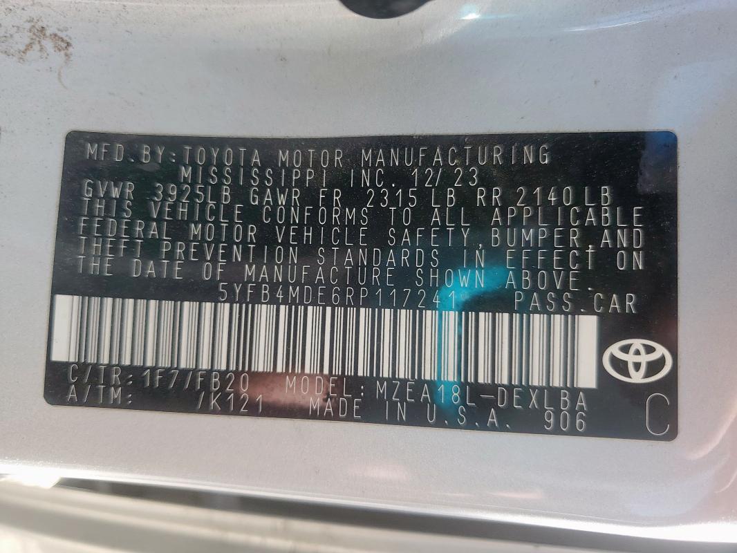 5YFB4MDE6RP117241 - 2024 TOYOTA COROLLA LE ვერცხლისფერი ფოტო 12