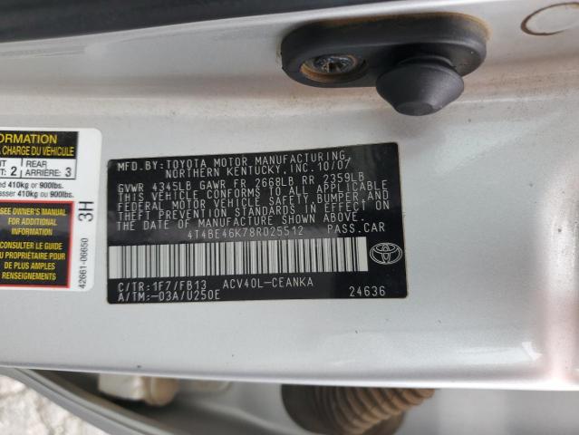 4T4BE46K78R025512 - 2008 TOYOTA CAMRY CE SILVER photo 12