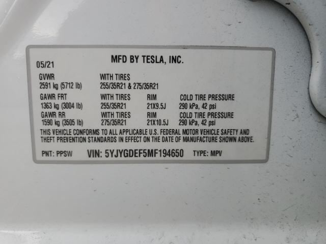 5YJYGDEF5MF194650 - 2021 TESLA MODEL Y Weiß Foto 13