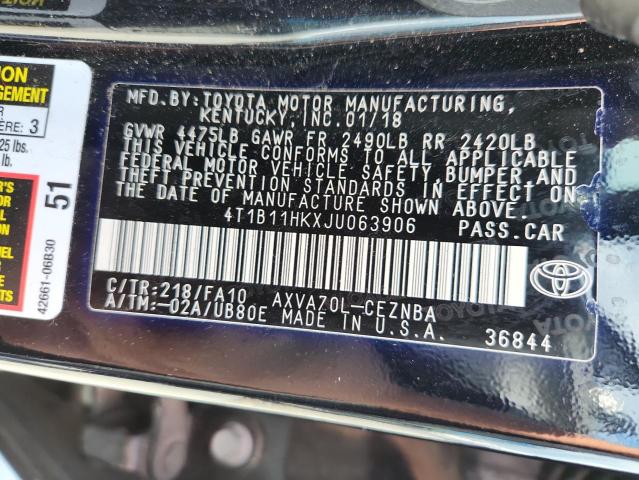 4T1B11HKXJU063906 - 2018 TOYOTA CAMRY L BLACK photo 12