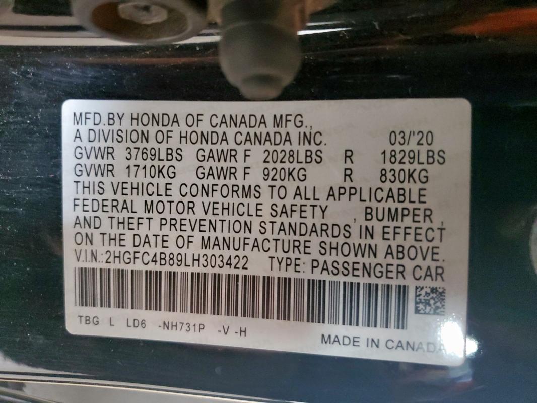 2HGFC4B89LH303422 - 2020 HONDA CIVIC SPORT შავი ფოტო 12