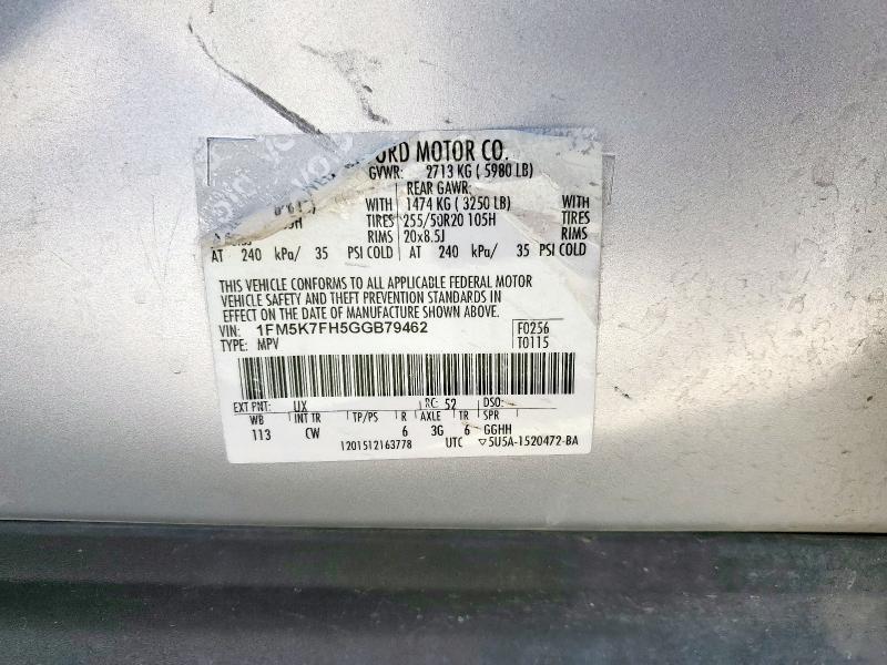 1FM5K7FH5GGB79462 - 2016 FORD EXPLORER LIMITED 银色 照片 13