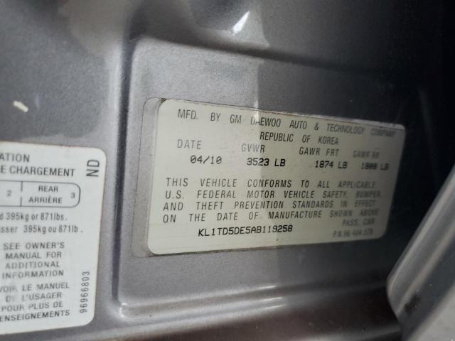 KL1TD5DE5AB119258 - 2010 CHEVROLET AVEO LS GRAY photo 12