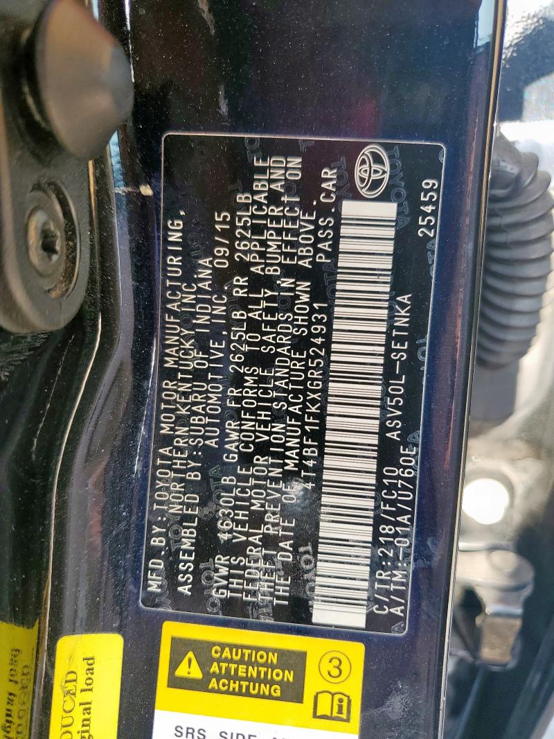 4T4BF1FKXGR524931 - 2016 TOYOTA CAMRY LE BLACK photo 12