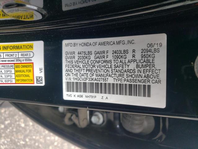 1HGCV2F33KA027557 - 2019 HONDA ACCORD SPORT Чорний фото 12