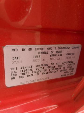 KL1TG56E59B342593 - 2009 CHEVROLET AVEO LT RED photo 12