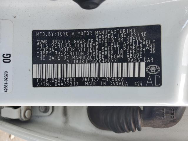 2T1BURHE5GC648077 - 2016 TOYOTA COROLLA L თეთრი ფოტო 12