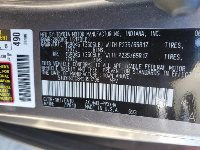 5TDYRKEC8MS053796 - 2021 TOYOTA SIENNA XLE GRAY photo 13