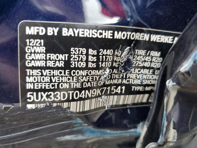 5UX33DT04N9K71541 - 2022 BMW X4 XDRIVE30I BLUE photo 13