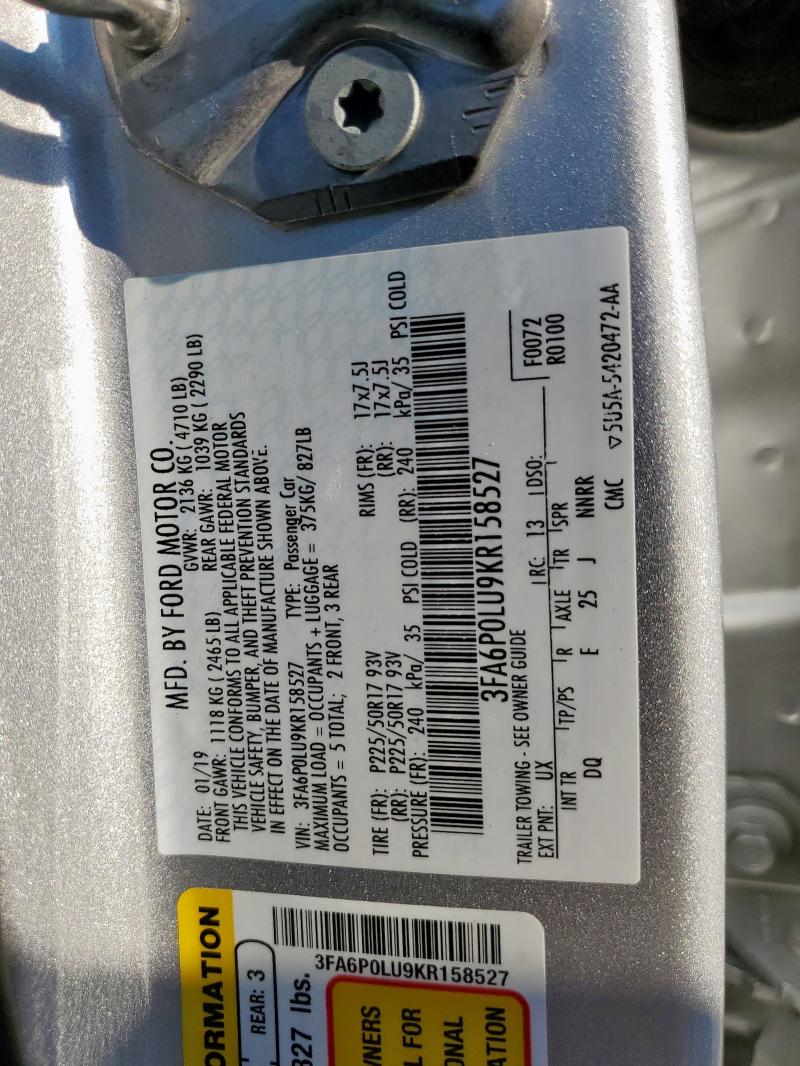 3FA6P0LU9KR158527 - 2019 FORD FUSION SE Gümüş foto 13