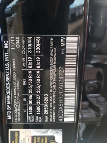 4JGDA5HB7CA024727 - 2012 MERCEDES-BENZ ML 350 4MATIC BLACK photo 12