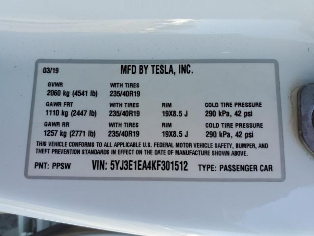 5YJ3E1EA4KF301512 - 2019 TESLA MODEL 3 Ağ foto 13