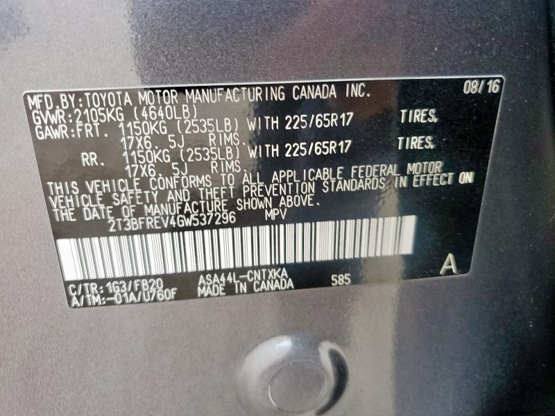 2T3BFREV4GW537296 - 2016 TOYOTA RAV4 LE GRAY photo 13