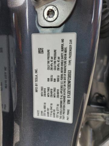 5YJ3E1EB2NF238553 - 2022 TESLA MODEL 3 GRAY photo 12