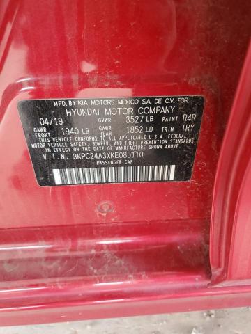 3KPC24A3XKE085110 - 2019 HYUNDAI ACCENT SE Rouge photo 12