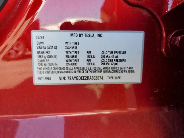 7SAYGDEE2RA302074 - 2024 TESLA MODEL Y RED photo 12