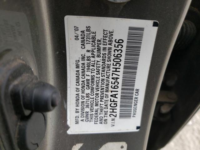 2HGFA16547H506356 - 2007 HONDA CIVIC LX GRAY photo 12