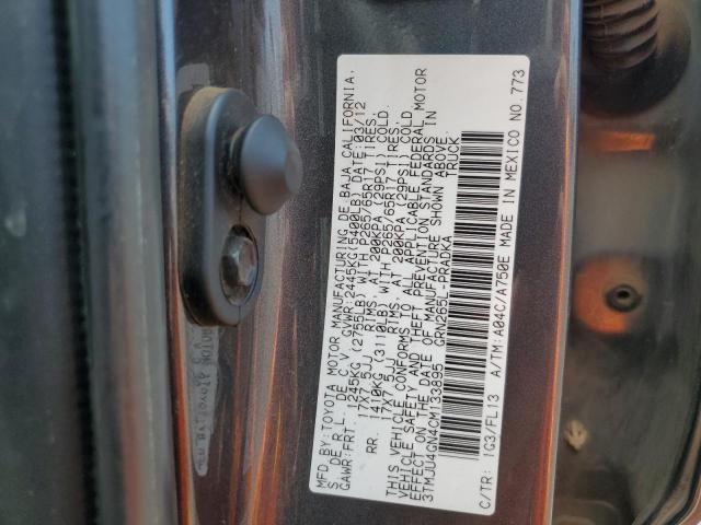 3TMJU4GN4CM133895 - 2012 TOYOTA TACOMA DOUBLE CAB PRERUNNER CHARCOAL photo 12