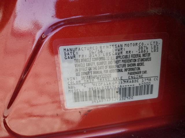 3N1AB7AP5JY332920 - 2018 NISSAN SENTRA S 红色 照片 12