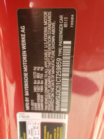 WMWSU3C51CT259859 - 2012 MINI COOPER RED photo 12