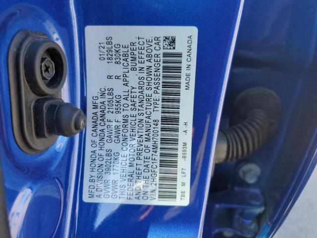 2HGFC1F74MH700148 - 2021 HONDA CIVIC EXL 蓝色 照片 13