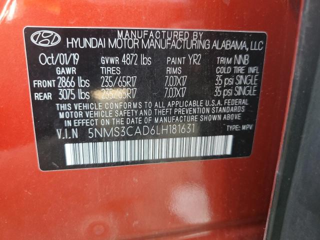 5NMS3CAD6LH181631 - 2020 HYUNDAI SANTA FE SEL RED photo 13