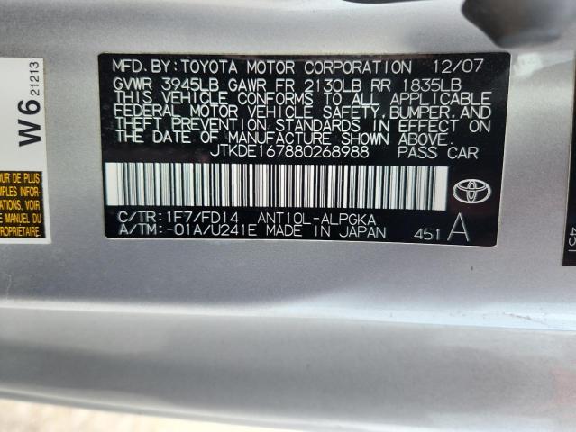 JTKDE167880268988 - 2008 TOYOTA SCION TC SILVER photo 12