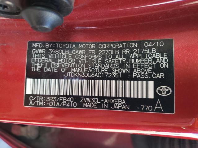 JTDKN3DU6A0172351 - 2010 TOYOTA PRIUS RED photo 12