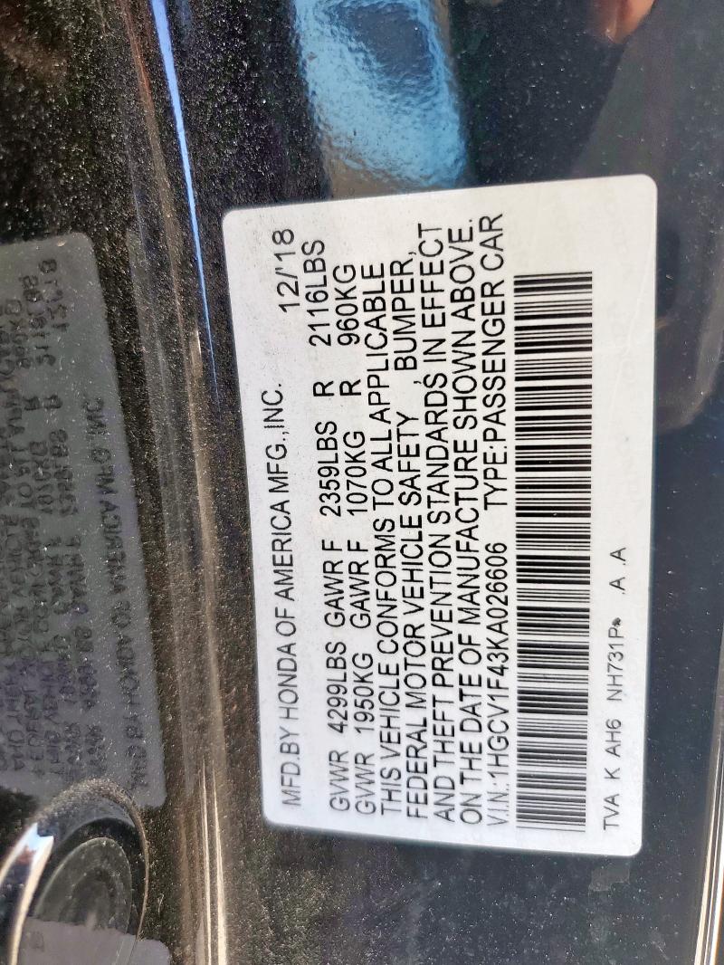 1HGCV1F43KA026606 - 2019 HONDA ACCORD EX BLACK photo 12