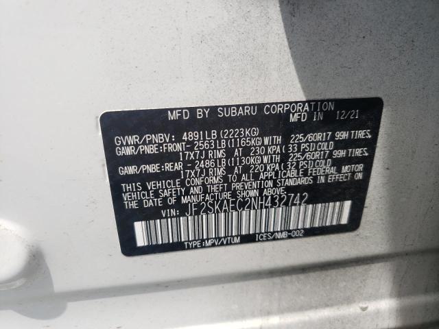 JF2SKAEC2NH432742 - 2022 SUBARU FORESTER PREMIUM თეთრი ფოტო 13