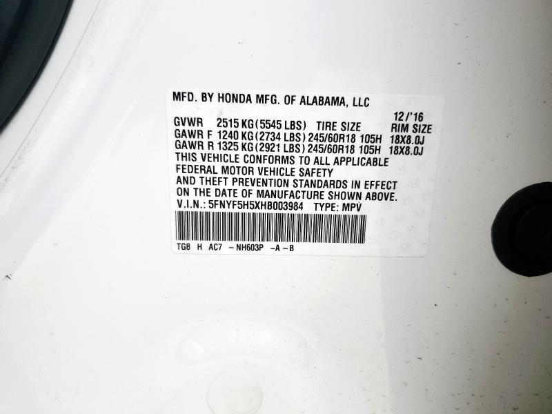 5FNYF5H5XHB003984 - 2017 HONDA PILOT EXL 白色 照片 13