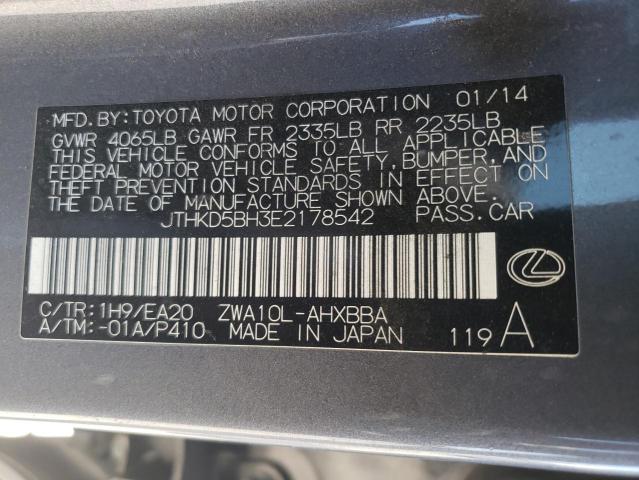 JTHKD5BH3E2178542 - 2014 LEXUS CT 200 GRAY photo 12