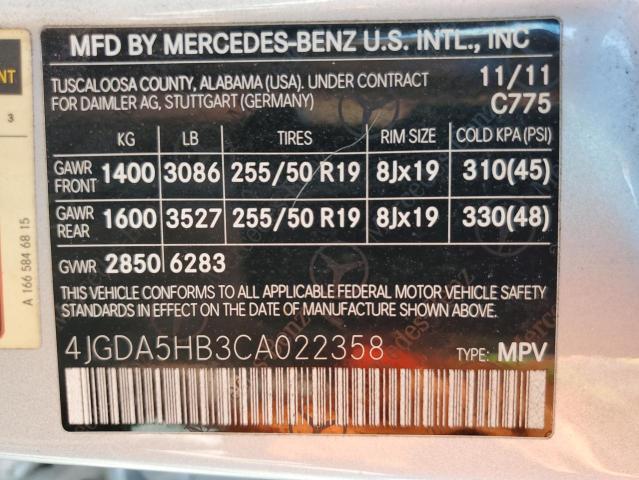 4JGDA5HB3CA022358 - 2012 MERCEDES-BENZ ML 350 4MATIC SILVER photo 13