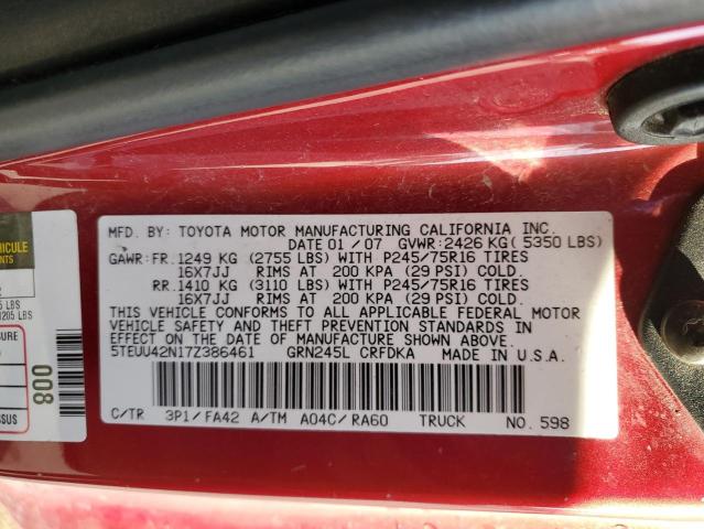 5TEUU42N17Z386461 - 2007 TOYOTA TACOMA ACCESS CAB Бордовый фото 12