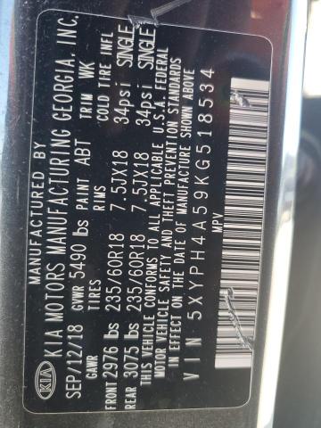 5XYPH4A59KG518534 - 2019 KIA SORENTO EX BLACK photo 13